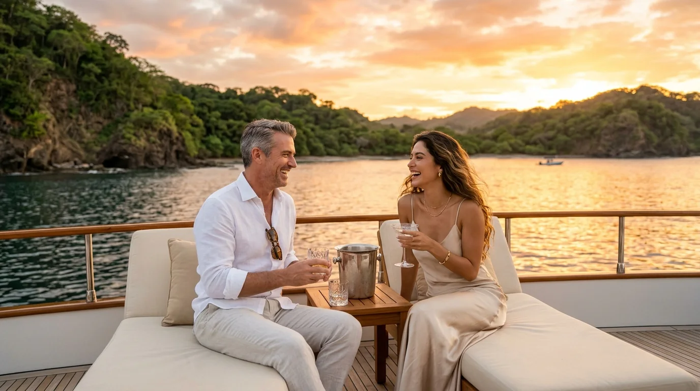 Pareja disfrutando del atardecer en la cubierta de un yate privado en Península Papagayo, Guanacaste