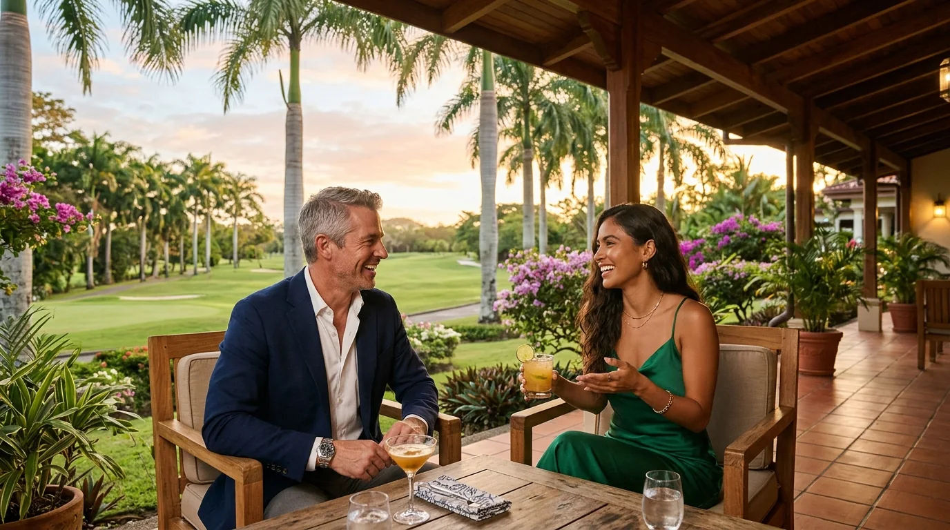 Pareja ejecutiva disfrutando cócteles en una terraza de club de golf en Ciudad Cariari, Heredia