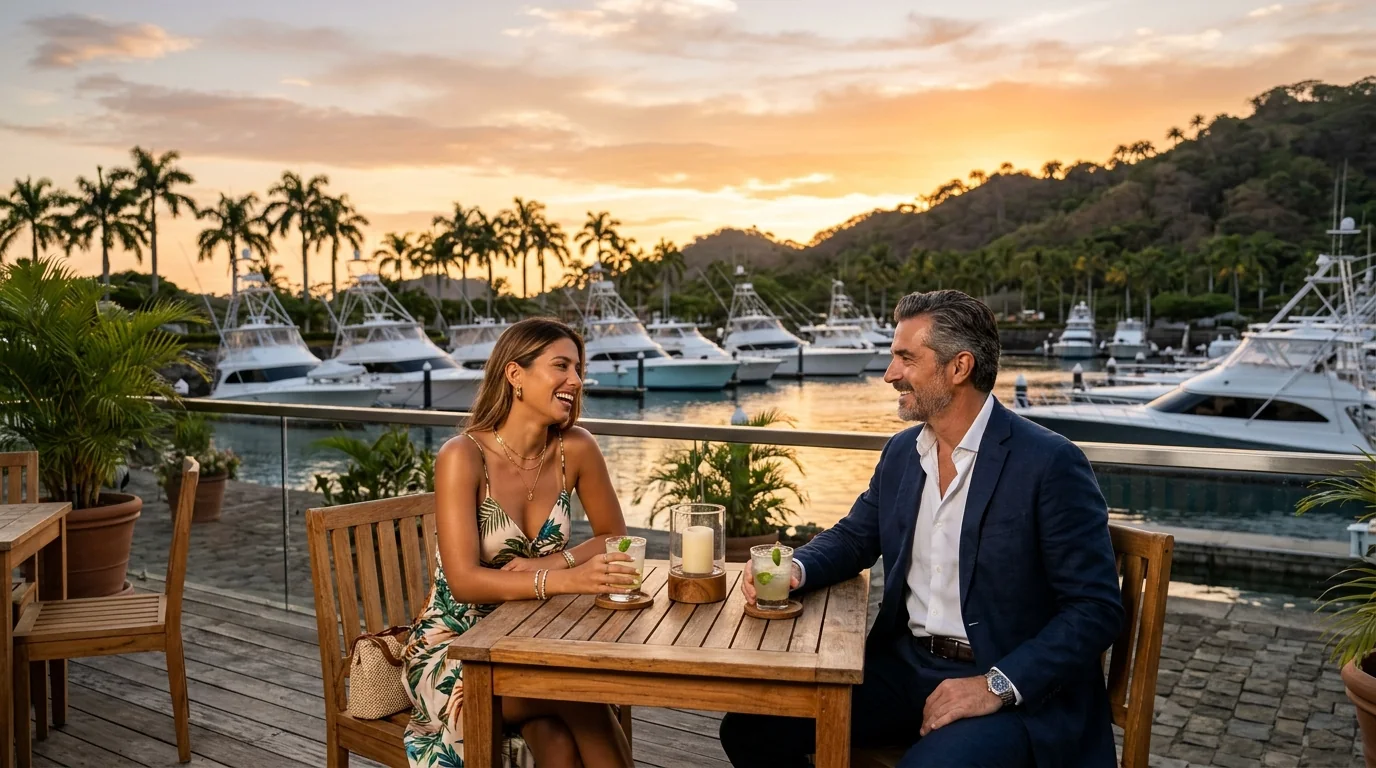 Pareja disfrutando cócteles al atardecer frente a los yates de Marina Los Sueños, Herradura, Costa Rica