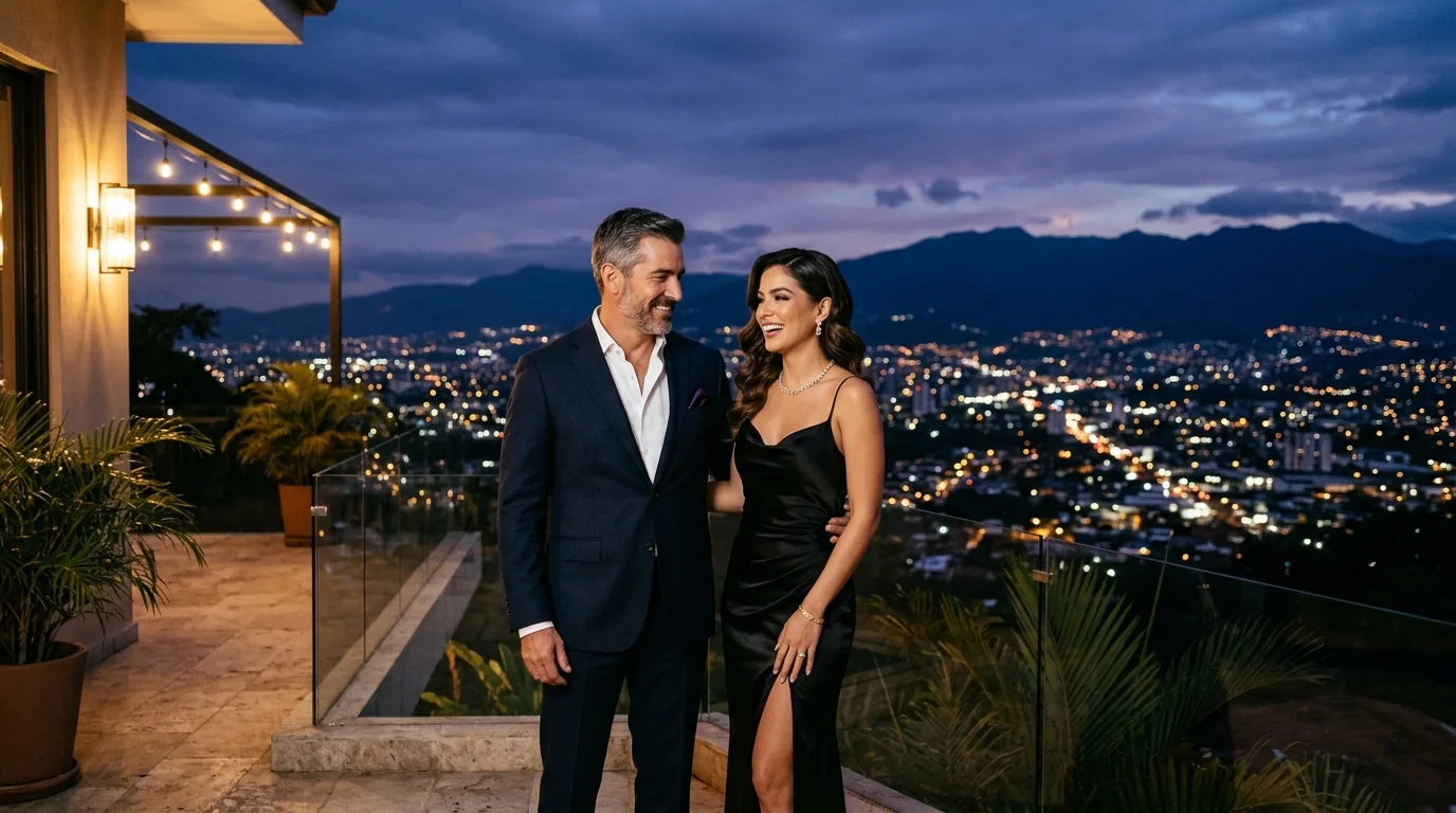 Pareja elegante conversando en terraza panorámica de San José, Costa Rica