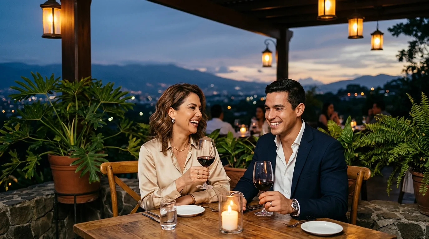 Mujer madura ejecutiva compartiendo una copa de vino con un joven elegante en Escazú, Costa Rica